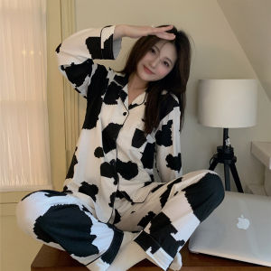 Spring Autumn New Couple Cartoon Cow Sleepwear Long Sleeve Pure Cotton Home Clothes Set for Men And Women with Collar