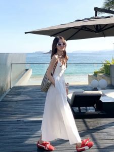 Korean Style Sweet White Strapless Dress Womens Spring Summer Slimming Long Dress Holiday Vibes Commute Friendly High Waist