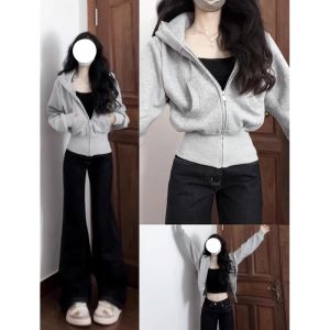 Áo Khoác Nữ Màu Xám Ngắn Mùa Xuân 2025 Áo Khoác Ngoài Nữ Dáng Ôm Vai Áo Nỉ Có Mũ Trùm Đầu Mùa Xuân Thu