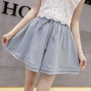 กางเกงขาสั้นผ้าชีฟองทรงเข้ารูปเอวสูงสำหรับผู้หญิงในฤดูร้อน กางเกงขายาวทรงห้าส่วนบางสำหรับผู้หญิงไซส์ใหญ่