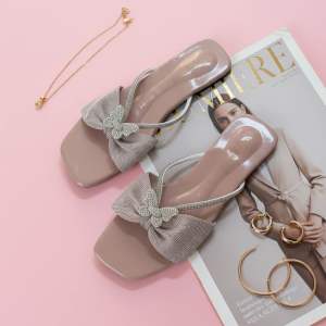 ✨TTFS✨ Elegant Bow Butterfly Flat Sandals Women Slip On Square Toe Casual / Selipar Perempuan Kasual Renda NO386