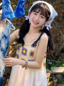 Lemwin Hollow out Knitted Patchwork Beach Vacation A-Line Skirt Sweet Spicy Girl Fashion Midi Dress  And Cute Style High Waist