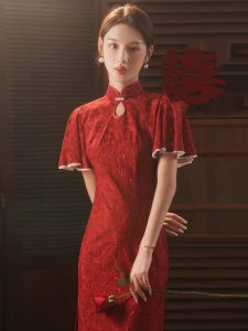 Red Improved Version Cheongsam Long Evening Dress for Women Short Sleeve Elegant Style Wedding Dress Vintage Summer New Arrival