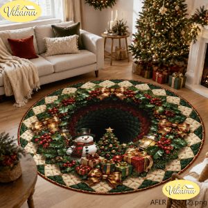 VIKAMA Christmas Tree Round Floor Mat Snowman Gift Festive Non-Slip Rug Sofa & Living Room New Year Home Decor