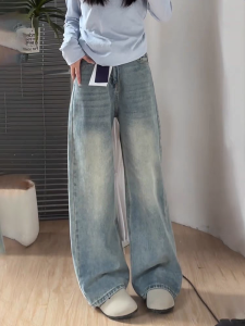 กางเกงยีนส์ทรงหลวมเอวสูงสไตล์อเมริกันย้อนยุคสำหรับผู้หญิง กางเกงขายาวทรงตรงทรงหลวมไซส์เล็ก กางเกงยีนส์ทรงหลวม