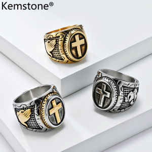 มือสวดมนต์ Kemstone โบราณแหวนกางเขนแหวนเครื่องประดับของสแตนเลสสตีลผู้ชาย