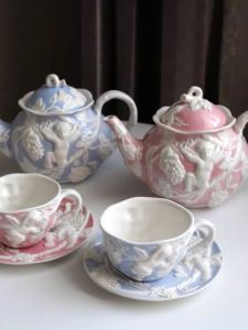 Hand-Painted Ceramic Coffee Cup with Underglaze Color Relief Carving Small Angel Vine Irregular Shape European Style Drink Cover