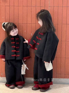 Spring Fashion Childrens Outerwear Woolen Jacket Girls Boys Big Kids Traditional Chinese Style Clothing Matching Parent-Child Outfits