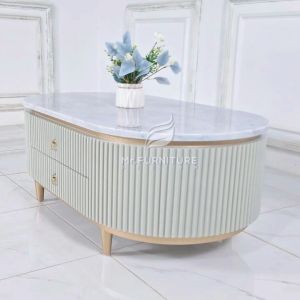 meja tamu laci empat top marmer putih carrara
