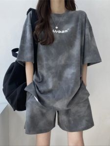 Womens Summer Thin Sporty Casual Two-Piece Set Sweet And Salty Top Shorts Set round Neck Short Sleeve Loose Fit Polyester