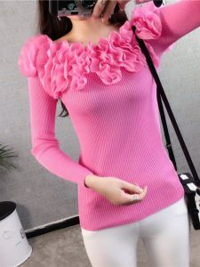 Fashionable Knitted Long Sleeve Womens Base Shirt Shoulder Bared One-Shoulder Design Princess Style Polyester Fiber Pure Color