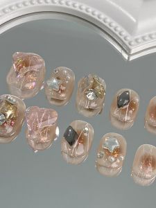 Aurora Borealis Glitter Flash Powder Short Worn Nails Explosive Star Luxury White Enhancing False Nails Stickers Premium Sensation