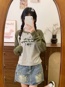 Áo Thun Nữ Tay Dài Màu Xanh Lá Cây Có Chữ Cái Thiết Kế Vai Áo Khoác Mùa Thu Phong Cách Hàn Quốc Cotton 90% Polyester 10%