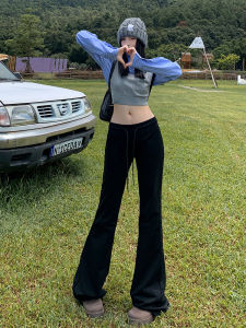 Low Waist Fleece Lined Slim Fit Trousers Womens Casual Sports Pants Draping Style Autumn New Arrival Black Bell Bottoms