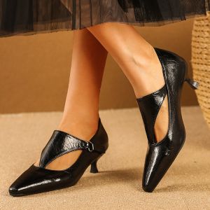 Giày Cao Gót Mũi Nhọn Mary Jane Dành Cho Nữ Có Khóa Gót Giữa V-Cut Hollow Da Sáng Chế Công Sở Hàng Ngày Retro Thanh Lịch Giày Mùa Xuân Hè