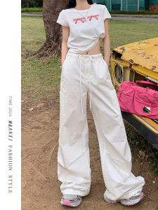 Tagkita Womens American Work Pants Pure White Summer Thin Loose Style High Waist Slimming Straight Leg Casual Wide Leg Sports Trousers