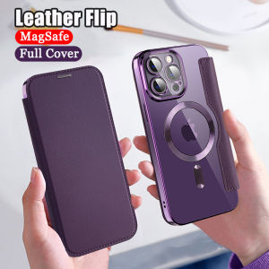 CrashStar With Lens Films MagSafe Flip Leather Transparent Plating Shockproof Phone Case With Card Slot For iPhone 16 15 14 Pro Max Plus 13 12 11 Pro Max 16e Wireless Charging Clear Phone Casing Cover With Full Cover Protection Hot Sale