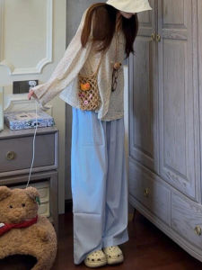 กางเกงขายาวเอวสูงทรงหลวมสไตล์ญี่ปุ่นสำหรับผู้หญิง กางเกงขายาวทรงตรงทรงหลวมสบายๆ สีฟ้าเข้ม ฤดูร้อน 2024