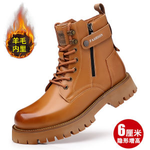 Mens Winter High-Top Martin Boots Thermal Cotton Shoes Heightening Leather Wool Warmth Youth Trend Korean Style Zipper Closure