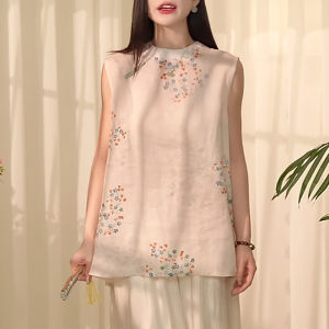 Shalldoer | New Chinese Style Floral Print Two-Piece Set Womens Sleeveless Slimming Wide Leg Pants Summer Vintage Shirt And Pants Ensemble