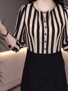 Elegant Stripe Slimming Dress Fashionable Ageless Fake Two-Piece Gown Lightweight Feather Thread Spring Autumn New Style