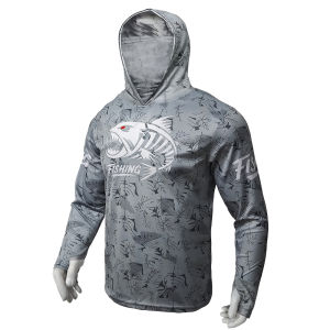 UV Shield Men Fishing T-shirt With Integral Fisherman Hat Flexible Sweat Evaporating Long Sleeve Wear For Angling Enthusiasts