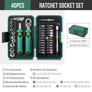 Hi-Spec | Hi-Spec 45PCS 1/4 Inch Drive Ratchet Screwdriver Socket Bit Set CR-V Magnetic Bit Driver 72 Tooth Home Repair Tool Kit Case
