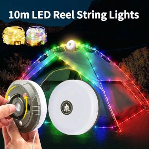 10m LED Reel String Lights Outdoor USB Rechargeable Camping Lamp Solar Fairy Christmas Lights Garden Room Decorative Tent Light