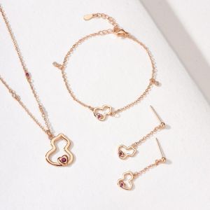Love Gourd Necklace Womens 18K Rose Gold Plated Diamond Hollow out Heart Shaped Bracelet Chinese Style Fashion Jewelry Set