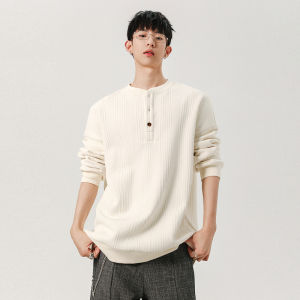 Autumn New Mens Long Sleeve Sweatshirt Henry Collar Embroidered Grain Pattern Texture Feeling Simple Pure Color T-shirt