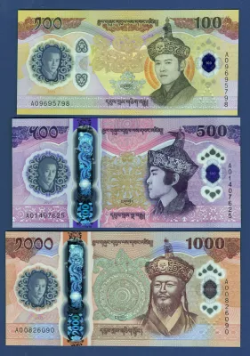 Bhutan 100 500 1000 ngultrum banknotes 2025. Set of 3. Beautiful designs and colors.