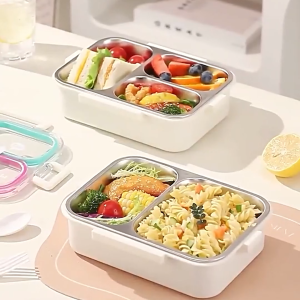 Food-Grade 304 Stainless Steel Divided Bento Box Portable Bento Container Compartment Leak-Proof Lunch Box for School Office Kids Adults