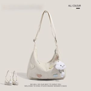 Trendy Canvas Heart Shaped Shoulder Bag for Women Summer Casual Style Large Capacity Shopping Bag Soft Handbag Pure Color