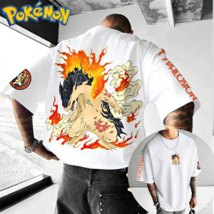 Bandai | New Pokemon Cotton T Shirt with Typhlosion Back Print Flame Effects Red Black Sleeve Design Loose Fit Men Women Casual Anime Top