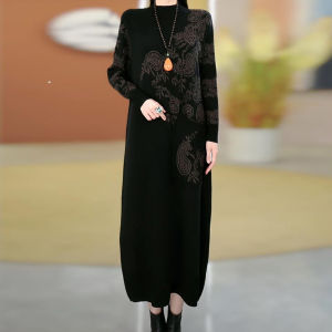 Elegant Woolen Knitted Dress Womens Loose Base Layer Long Dress Autumn Winter New Style Commute Korean Style Half High Collar
