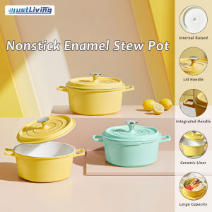 JustLiving 24cm Cast Iron Ivory White Enamel Pot Casserole High Quality Dutch Oven Pot Nonstick Enamel Cast Iron Casserole Bowl With Lid Evenly Heat Suitable All Stove Including Induction