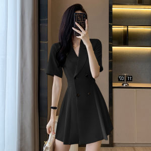 Yellow Suit Dress Women High Waist Short Sleeve Thin Summer New Slimming Skirt A-Line Dress Button Style Polyester Fabric