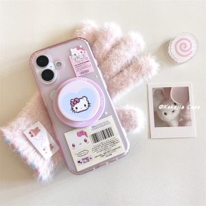 เคสโทรศัพท์รูปแมว KT สีชมพูรักสุดน่ารัก ป้องกันการตกหล่นแบบเต็มจอ พร้อมขาตั้ง สำหรับ Apple 16promax 16 15pro 14 13 ดีไซน์การ์ตูนเกาหลี