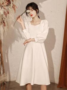 น่าทึ่ง หมั้น เดรส สีขาว มินิเดรส ผู้หญิง แฟชั่น ฤดูใบไม้ร่วง ฤดูหนาว ทรงเอ Silhouette Pure Color Long Sleeve ซิป