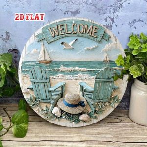 Coastal Welcome Sign 2D 8in Wooden Circular with Beach Chair Sailing Boat Seagull Elements for Cafe Or Beach House Outdoor Decor