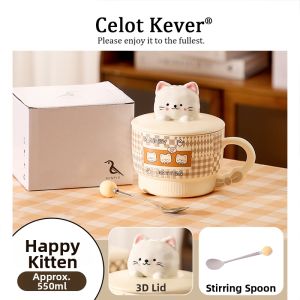 Cute Cat Design Ceramic Mug with Lid Set