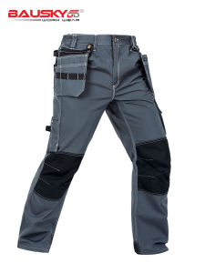 Bauskydd bauskydd กางเกงใส่ทำงานผ้าฝ้ายโพลีเอสเตอร์หลายช่องสำหรับผู้ชายกางเกงขายาวรักษาความปลอดภัยสำหรับฤดูใบไม้ผลิและฤดูใบไม้ร่วงชุดทำงานทนต่อการเสียดสี