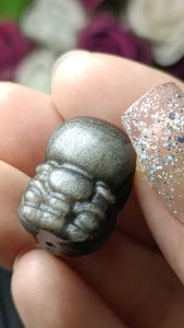 Silver Obsidian Crystal Stone Pixiu beads for bracelet extension bead 亮光眼猫眼招财银曜石貔貅通孔