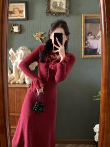 Christmas Red Knitted Sweater Dress Festive Celebration Womens Fashion Spring Autumn Winter Seasonal Polyester Fiber V-neck A-line Skirt
