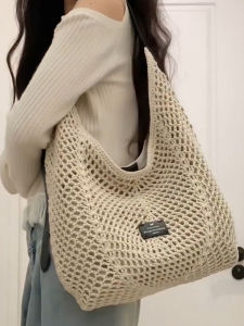 Spring Summer 2025 Womens Large Capacity Woven Tote Bag Korean Style Hollow out Single Shoulder Crossbody Handbag Commute