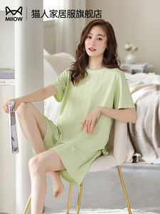 MiiOW Womens Summer Sleepwear Cotton Silk Short Sleeve Home Clothes Set  Green round Neck Pullover Comfortable Breathable