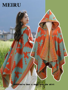 Warmth Ethnic Style Hooded Shawl Coat for Travel Photography Thickened Polyester Fiber Geometric Pattern Womens Shoulder Length