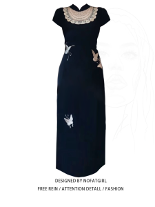 Slimming Effect Butterfly Embroidery Short Sleeve Qipao Dress High Waist A-Line Summer Dress for Women Commute Style