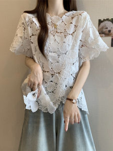 AIYITI | Irregular Cutout Lace Blouse Plus Size Loose Tummy Cover Short Sleeve Top