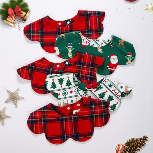 360° Christmas Day Baby Bibs for Infant Boys Girls Plaid Saliva Towel Cute Korea Ins O Neck Adjustable Button Feeding Burp Cloth